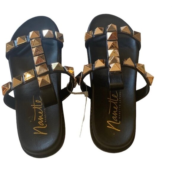 Nanette Lepore Gold Spike Stud Punk Gladiator Style Black cushioned arc support - Picture 3 of 9